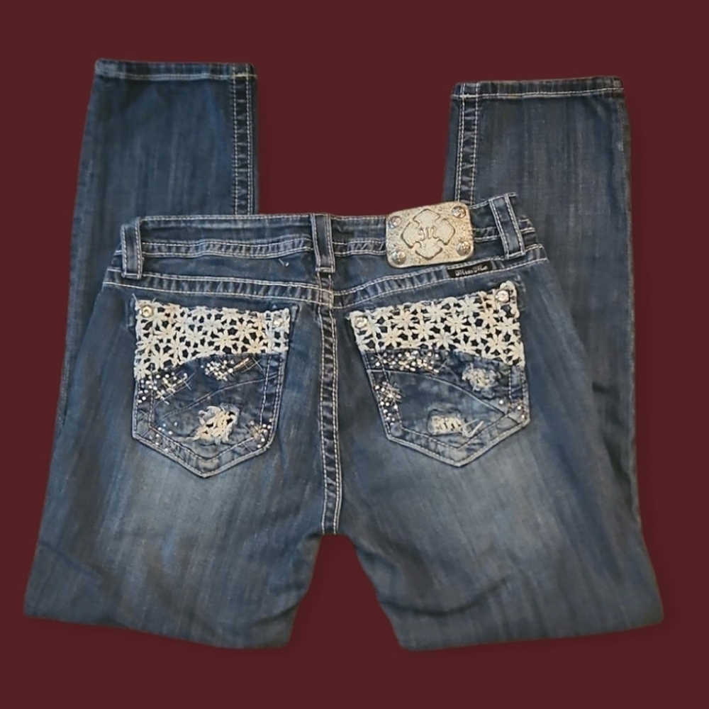 MISS ME Floral Lace Embellished Distressed Mid-rise Cuffed Skinny Denim Jeans
